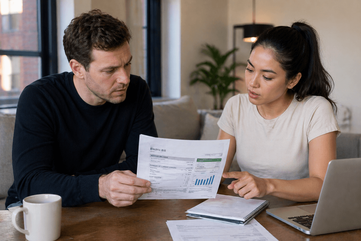 Landlord and tenant reviewing a confusing electric bill together